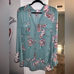 Candie's Green Button Down Blouse with Notched Collar